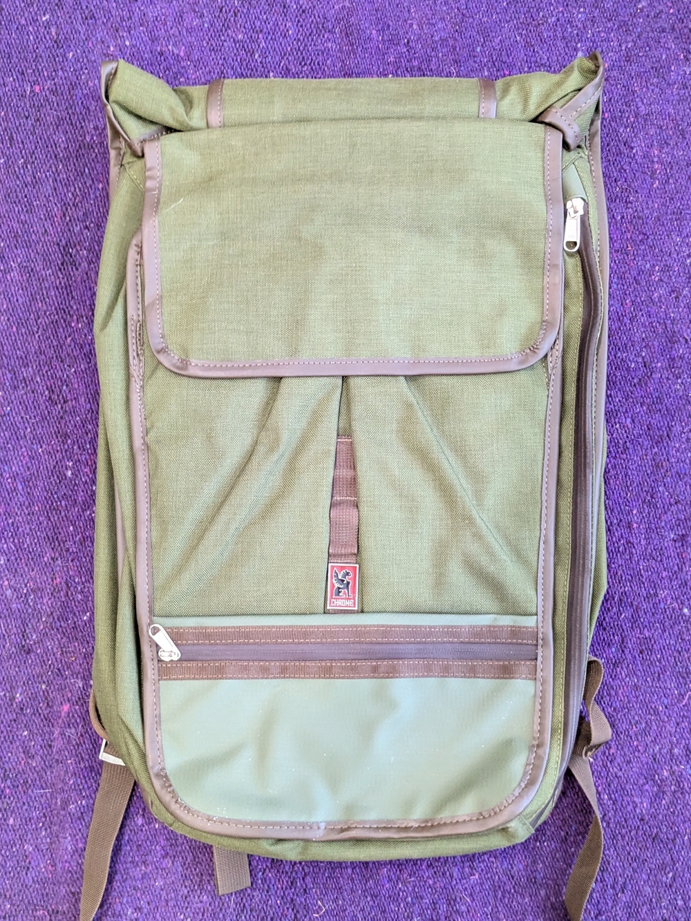 Chrome Industries' Olive Green and Brown Roll-Top Backpack with Front Pocket